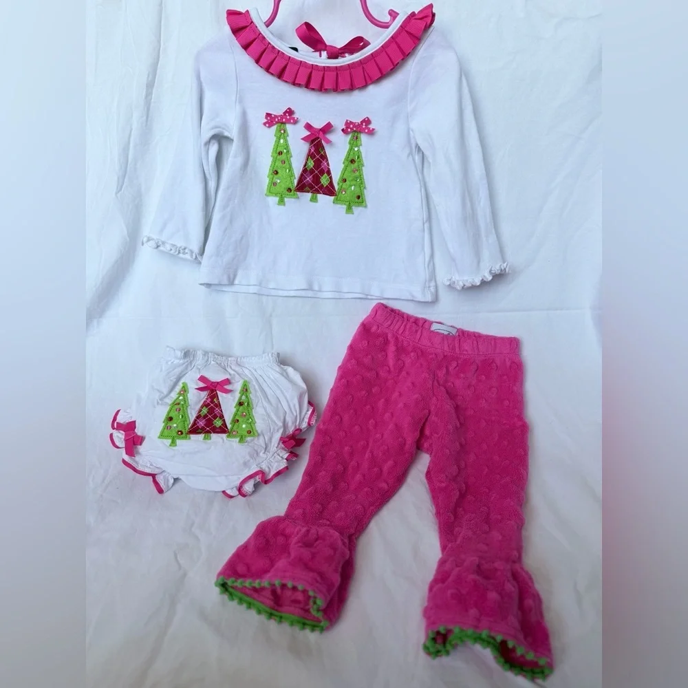 9-12 MTH Mud Pie Girls White Top & Hot Pink Ruffle Pants Holiday Pajama Set